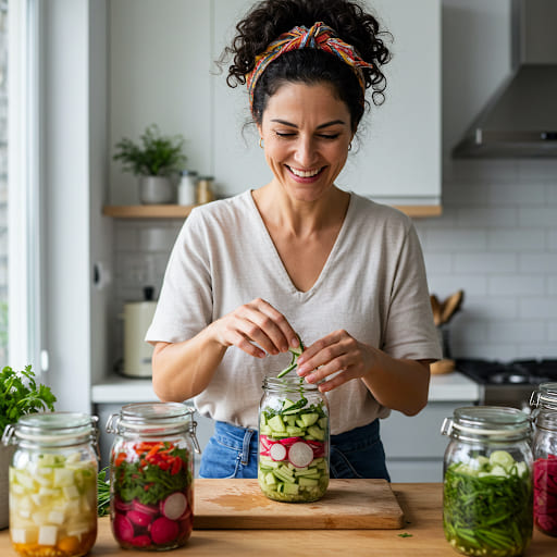 Femme mettant des légumes dans des bocaux pour lactofermenter